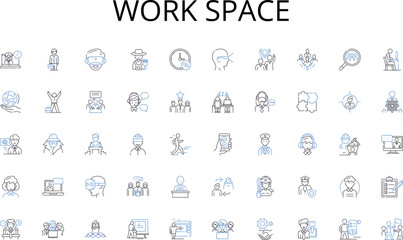 Work space line icons collection. Synergy, Cohesion, Partnership, Cooperation, Coordination, Unity, Alliance vector and linear illustration. Trust,Communication,Creativity outline signs set