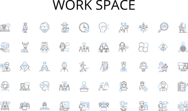Work space line icons collection. Synergy, Cohesion, Partnership, Cooperation, Coordination, Unity, Alliance vector and linear illustration. Trust,Communication,Creativity outline signs set