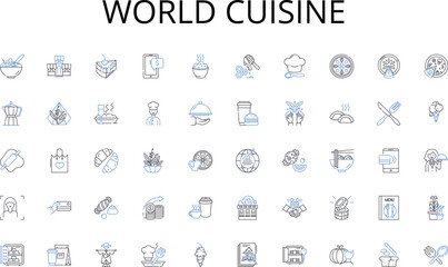 World Cuisine line icons collection. Gourmet, Farm-to-table, Fusion, Locavore, Vegan, Artisanal, Sustainable vector and linear illustration. Gluten-free,Innovative,Comfort outline signs set