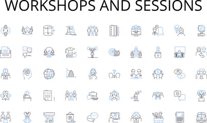 workshops and sessions line icons collection. Entrepreneurship, Innovation, Strategy, Marketing, Sales, Investment, Management vector and linear illustration. Partnership,E-commerce,Startups outline