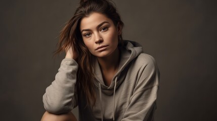 Fototapeta premium Casual Woman in Neutral Athleisure Posing Against Minimalist Backdrop. Generative AI.