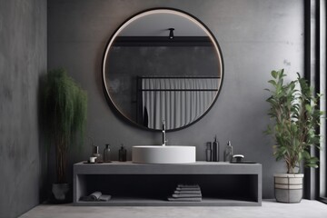 sink home gray illustration room luxury interior design mirror concrete bathroom. Generative AI.