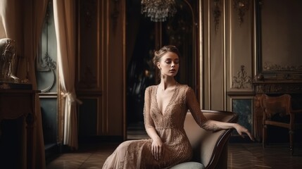 Elegant Woman in Neutral Dress Posing Against Luxurious Interior. Generative AI.