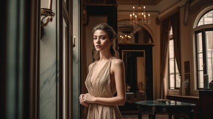 Fototapeta premium Elegant Woman in Neutral Dress Posing Against Luxurious Interior. Generative AI.