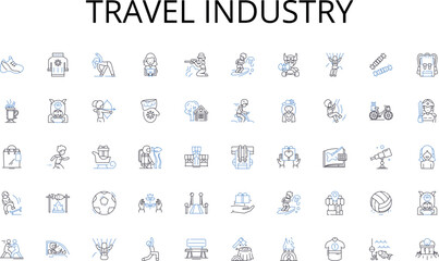 Travel industry line icons collection. Sun, Sand, Waves, Surfing, Seashells, Relaxation, Ocean vector and linear illustration. Swimming,Beachcombing,Sunshine outline signs set