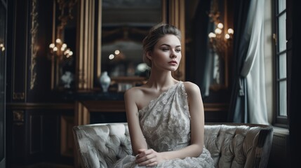 Fototapeta premium Elegant Woman in Neutral Dress Posing Against Luxurious Interior. Generative AI.