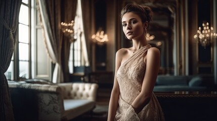 Fototapeta na wymiar Elegant Woman in Neutral Dress Posing Against Luxurious Interior. Generative AI.