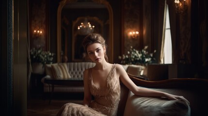 Obraz na płótnie Canvas Elegant Woman in Neutral Dress Posing Against Luxurious Interior. Generative AI.