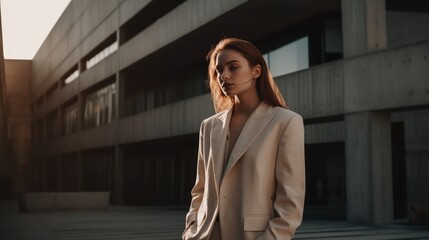 Elegant Woman in Neutral Outfit Posing Against Modern Architecture. Generative AI.