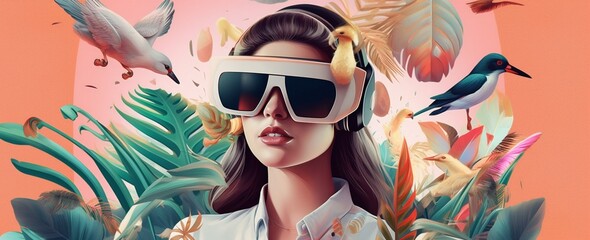 woman reality future virtual vr abstract travel technology digital young glasses. Generative AI.