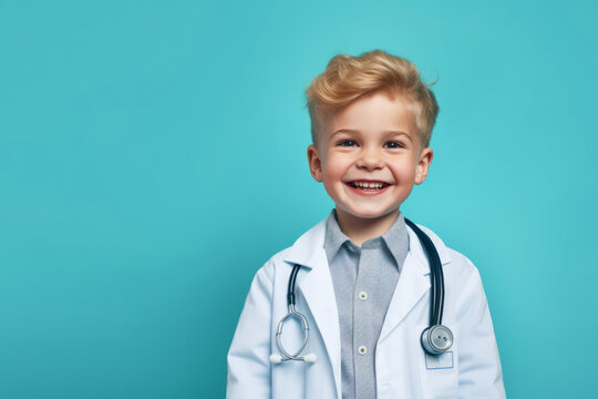 Studio portrait of a child wearing a doctor uniform with stethoscope. Generative ai