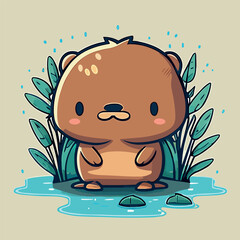 Cute beaver sitting on a rock in the river