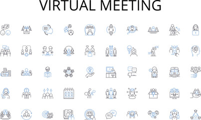 Virtual meeting line icons collection. Nerking, Collaboration, Workshop, Presentation, Seminar, Symposium, Forum vector and linear illustration. Conference,Roundtable,Keynote outline signs set