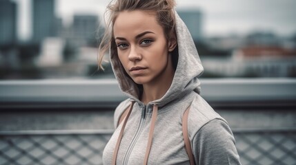 Fototapeta premium Fit Woman in Neutral Sportswear Posing Against Urban Landscape. Generative AI.