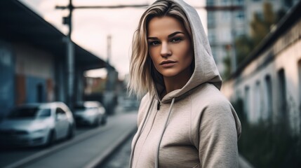 Fototapeta premium Fit Woman in Neutral Sportswear Posing Against Urban Landscape. Generative AI.