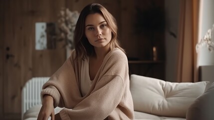 Fototapeta premium Relaxed Woman in Neutral Loungewear Posing Against Cozy Interior. Generative AI.