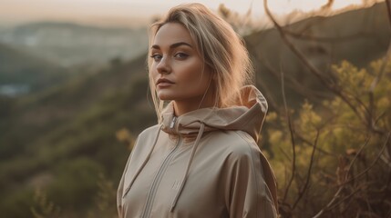 Woman in Neutral Activewear Posing Against Outdoor Landscape. Generative AI.