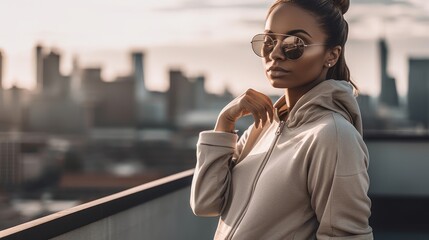 Woman in Neutral Athleisure Posing Against Luxury Cityscape. Generative AI.