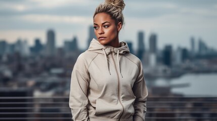 Woman in Neutral Athleisure Posing Against Luxury Cityscape. Generative AI.