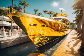 Unrealistic expensive private golden shining color yacht ship boat at the pier with a tropical harbor in the city of palm trees. Generative AI. - obrazy, fototapety, plakaty