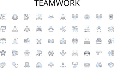 Teamwork line icons collection. Auditing, Bookkeeping, Taxes, Budgeting, Financials, Transactions, Analysis vector and linear illustration. Payroll,Profitability,Ledger outline signs set