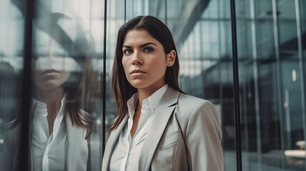Fototapeta premium Woman in Neutral Business Attire Posing Against Modern Glass Building. Generative AI.