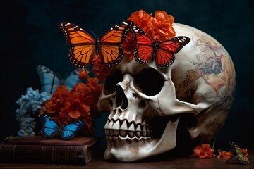 skeleton skull halloween flower design art butterfly bone illustration death. Generative AI.