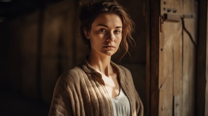 Fototapeta premium Woman in Neutral Casualwear Posing Against Rustic Backdrop. Generative AI.