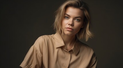 Woman in Neutral Casualwear Posing Against Simple Backdrop. Generative AI.