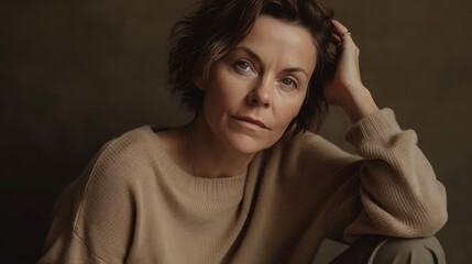 Fototapeta premium Woman in Neutral Casualwear Posing Against Simple Backdrop. Generative AI.