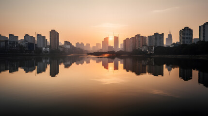 Fototapeta na wymiar A peaceful view of a river in the city during sunrise, with a stunning reflection of the city skyline on the water. Generative AI
