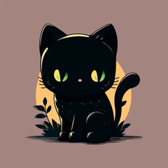 Cute Little Cartoon kawaii anime Black witch's magical kitten cat. Flat  Vector Illustration for Children