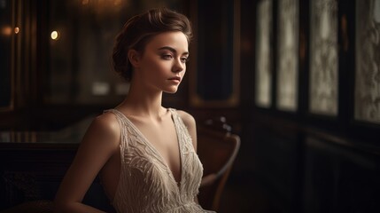 Fototapeta premium Woman in Neutral Formalwear Posing Against Luxurious Backdrop. Generative AI.