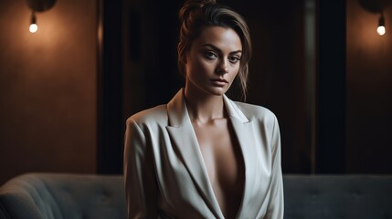 Woman in Neutral Formalwear Posing Against Luxurious Backdrop. Generative AI.