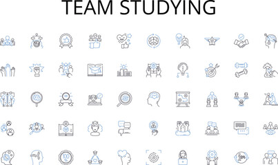 Team studying line icons collection. Education, Degree, Campus, Learning, University, Academics, Student vector and linear illustration. Scholarship,Dorm,Graduation outline signs set