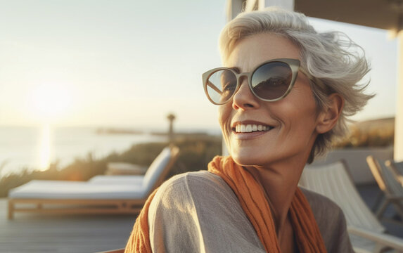 Senior woman with short gray hair and sunglasses lounging on coastal resort patio, looking out at ocean, Generative AI