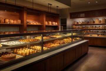 Modern bakery shop, a delicious variety of freshly baked, AI generated