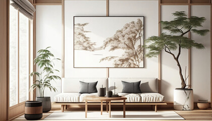 A living room with a sofa and a plant on the wall, Generative AI