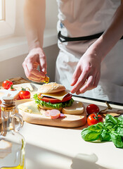 hands of the cook in the kitchen sprinkle the dough with flour. dough for pizza.