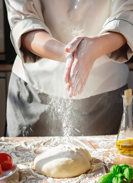 hands of the cook in the kitchen sprinkle the dough with flour. dough for pizza.
