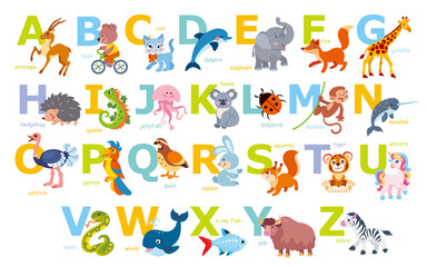English alphabet with cute animals, mammals, birds, insects, reptiles for kids. Cartoon children ABC alphabet with flat isolated illustration. 