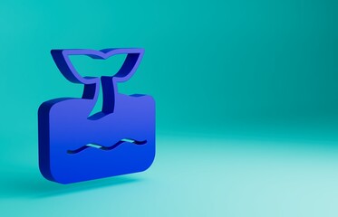 Blue Whale tail in ocean wave icon isolated on blue background. Minimalism concept. 3D render illustration