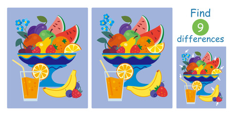 Find differences, education game for children. Flat vector illustration with watermelon slices, apples, plums, pears, strawberries, raspberries, banana, cherry, juice. Cute fruit bowl.
