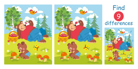 Find differences, education game for children. Cute cartoon bear family on a lawn in a summer forest. Flat vector illustration with big daddy bear and small son bear.