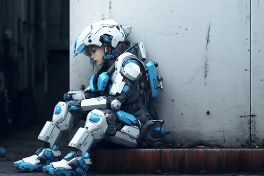 a sad female robot sitting in pensive pose, cybernetic technology, fictional person created with generative ai