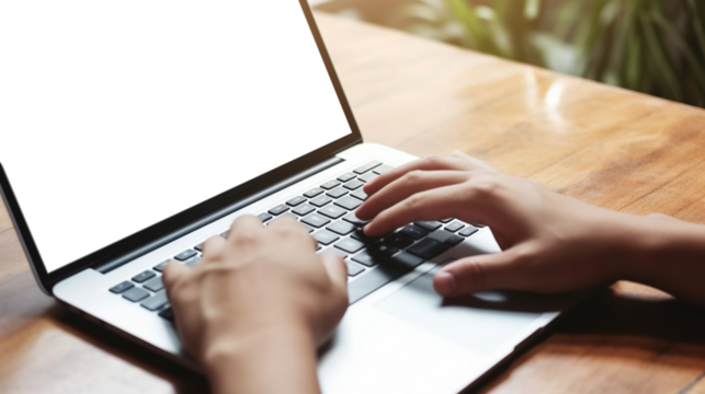 Hands working on laptop with cut out screen. Copy space. Based on Generative AI