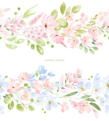 Watercolor Pink and blue wild flowers, branches, leaves and twigs. Watercolor bouquet , wreaths and borders with wild pink and blue flowers,