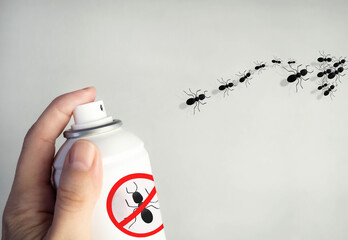 Spray against ants and insects. In the hand is an insecticide. Ant icon, warning sign. Insect...