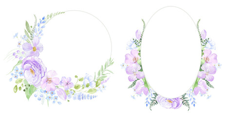 Frame with Watercolor Violet Flowers. Frame border. Romantic Wreath With Lilac Flowers, greeting cards, wedding invitations, birthday, spring or summer holiday. © Yevheniia Poli