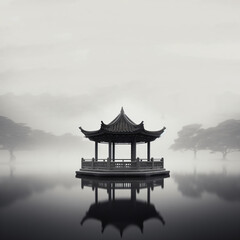 Fototapeta premium A black and white photo of a pagoda in the fog Generative Ai